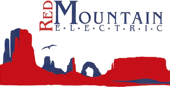 Red Mountain Electric logo: red and blue mesas, a natural arch and a hawk